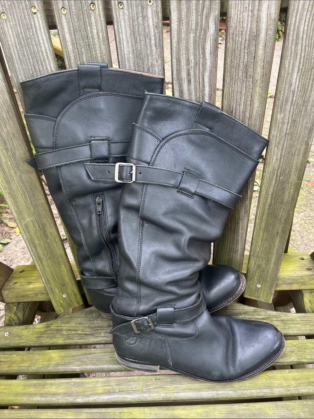 Bronx Black Leather 1 inch Heeled Slouch Boots-Made in Portugal